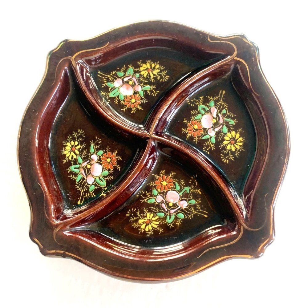 Vintage Hand Painted Floral Decorated Divided Brown Dish Japan